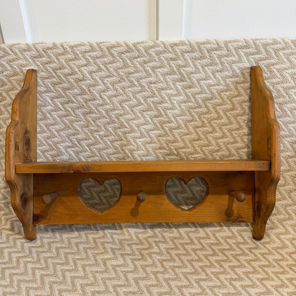 Vintage Wooden Wall Shelf with Heart Cutouts and Hooks